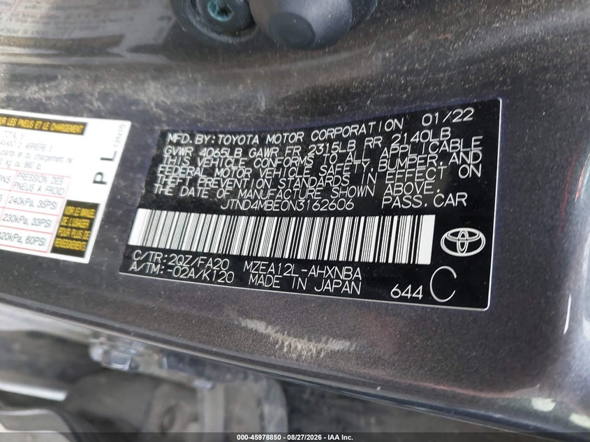 TOYOTA COROLLA 2022 VIN JTND4MBE0N3162606