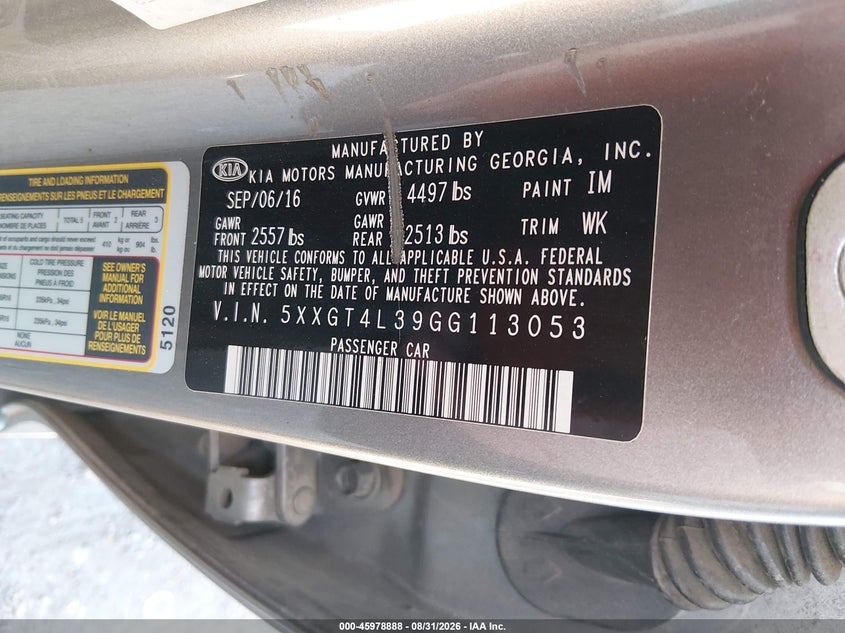 KIA OPTIMA 2016 VIN 5XXGT4L39GG113053