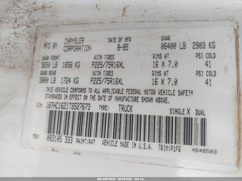 1996 DODGE RAM COUPE 5.9L V8 FI OHV 16V F2