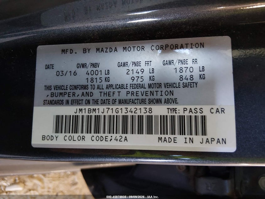 MAZDA MAZDA3 2016 VIN JM1BM1J71G1342138