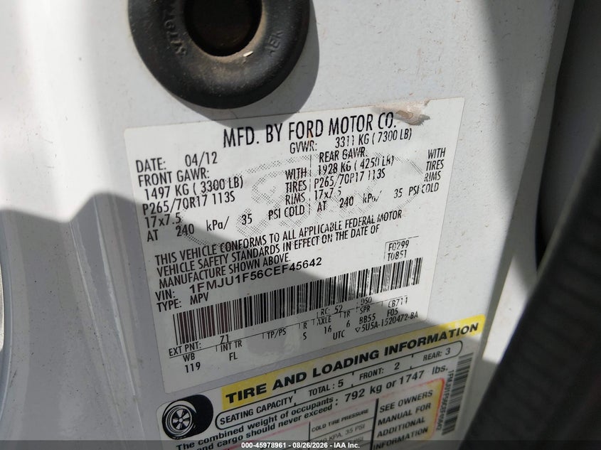 FORD EXPEDITION 2012 VIN 1FMJU1F56CEF45642