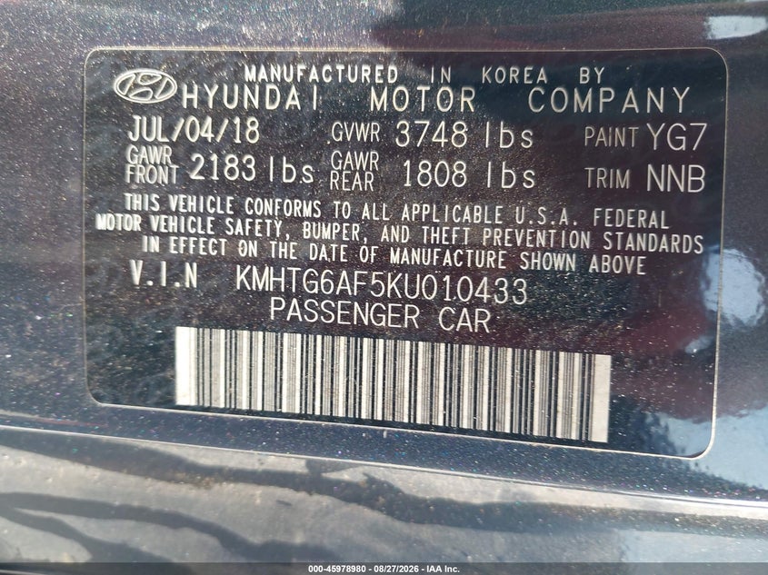 HYUNDAI VELOSTER 2019 VIN KMHTG6AF5KU010433