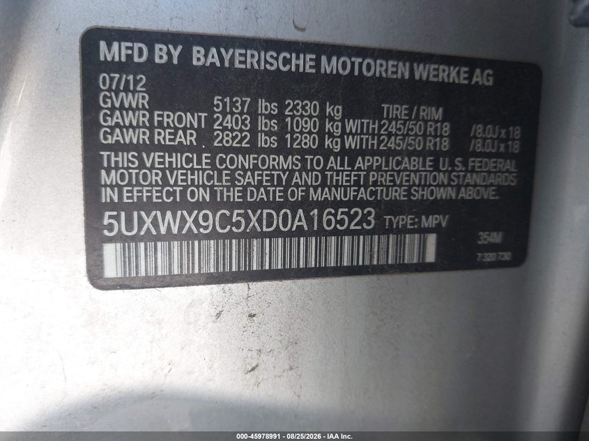 BMW X3 2013 VIN 5UXWX9C5XD0A16523