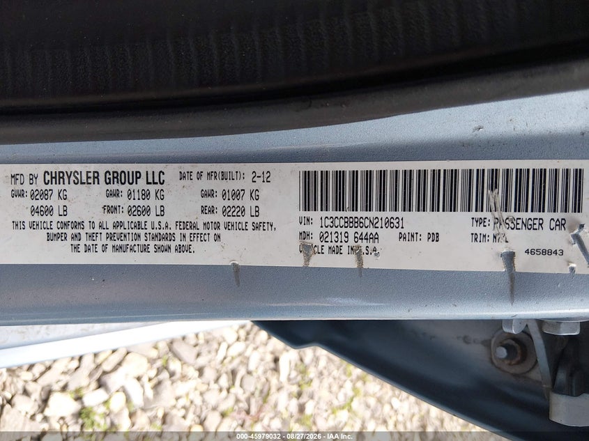2012 CHRYSLER 200 SEDAN 2.4L I-4 DOHC, VVT, REGULAR , 173HP