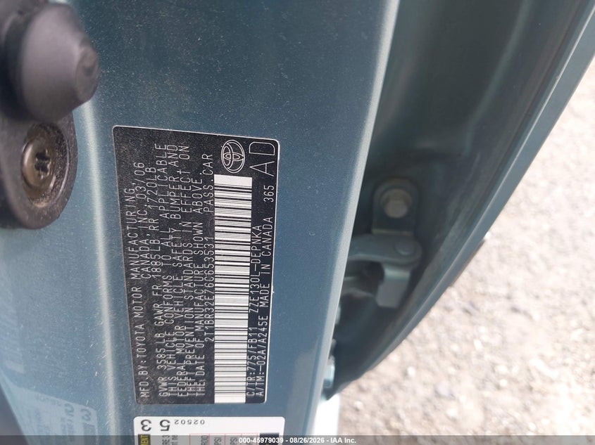 TOYOTA COROLLA 2006 VIN 2T1BR32E76C653531