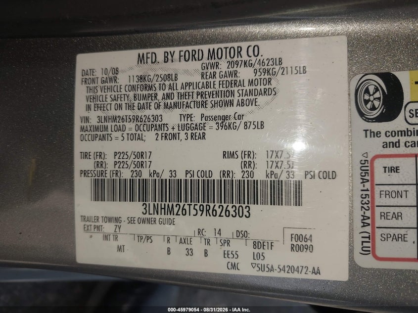 LINCOLN MKZ 2009 VIN 3LNHM26T59R626303