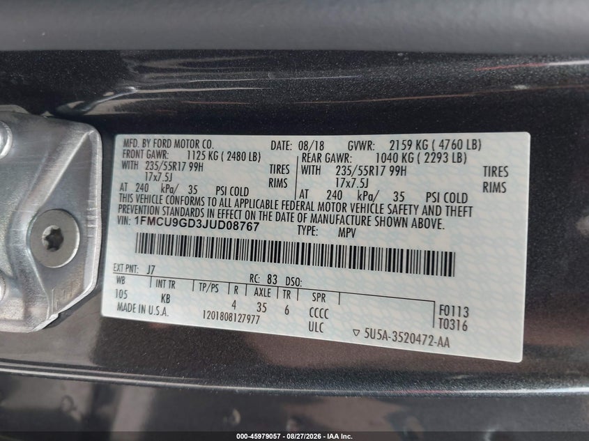 FORD ESCAPE 2018 VIN 1FMCU9GD3JUD08767