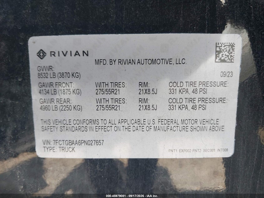 RIVIAN R1T 2023 VIN 7FCTGBAA6PN027657