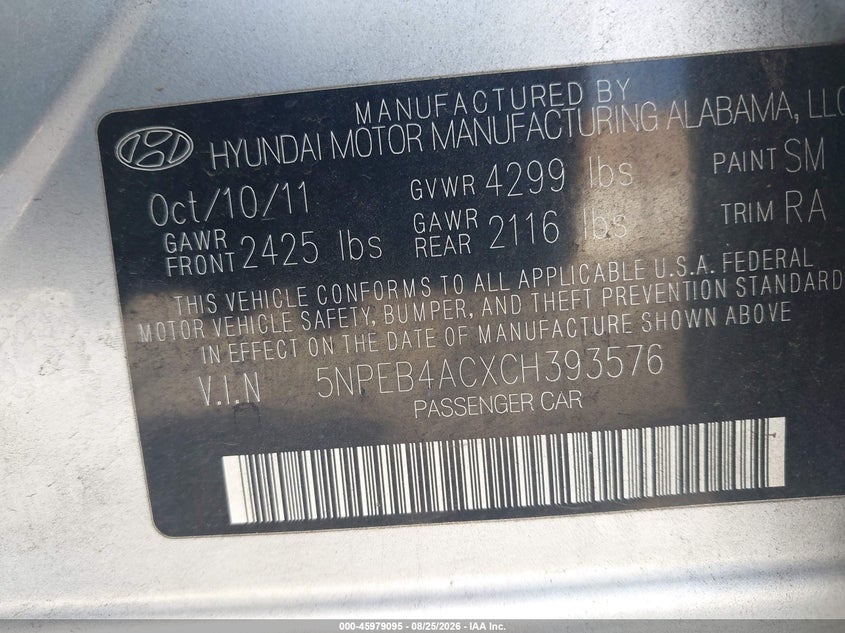 2012 HYUNDAI SONATA SEDAN 2.4L I-4 DI, DOHC, VVT, REGULAR , 190HP