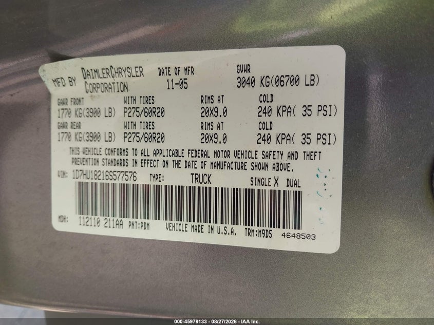 DODGE RAM 1500 2006 VIN 1D7HU18216S577576