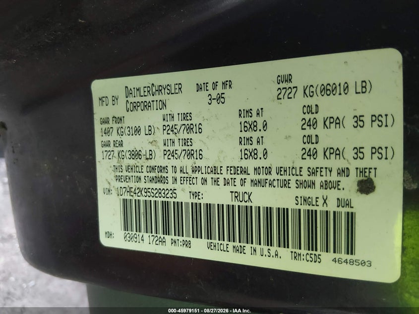 DODGE DAKOTA 2005 VIN 1D7HE42K95S283235