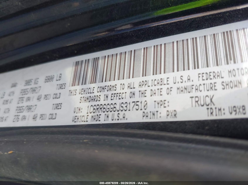 RAM 1500 2018 VIN 1C6RR6GG6JS317510