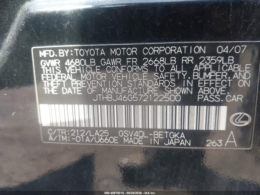 LEXUS ES 350 2007 VIN JTHBJ46G572122500