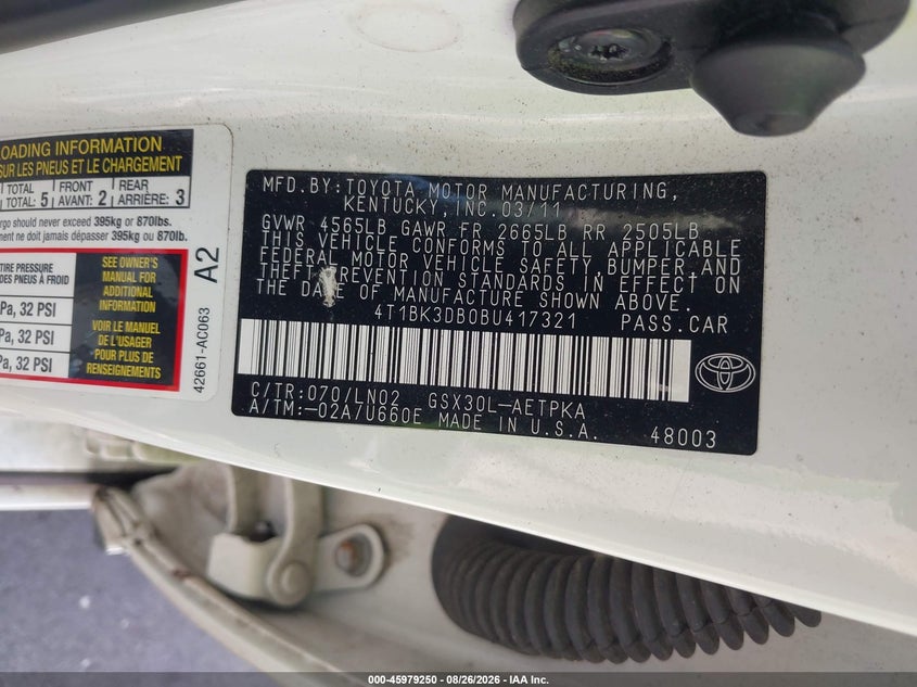 TOYOTA AVALON 2011 VIN 4T1BK3DB0BU417321