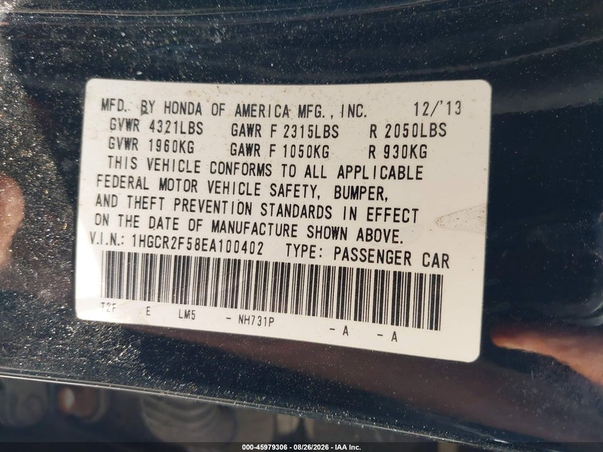 HONDA ACCORD 2014 VIN 1HGCR2F58EA100402