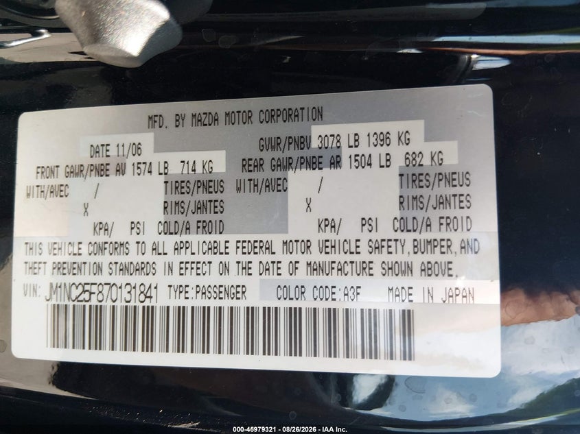 MAZDA MX-5 2007 VIN JM1NC25F870131841