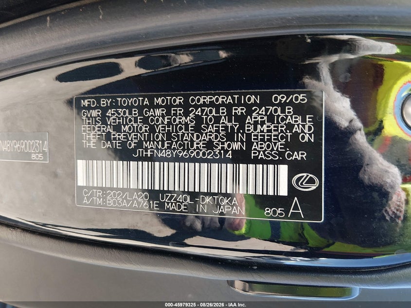 LEXUS SC 430 2006 VIN JTHFN48Y969002314