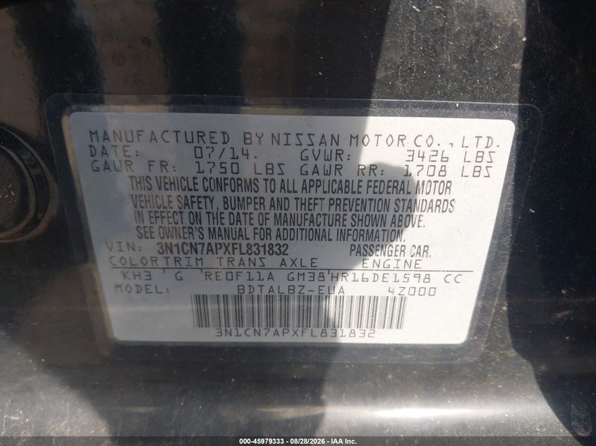 NISSAN VERSA 2015 VIN 3N1CN7APXFL831832
