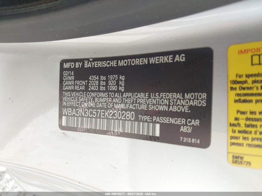BMW 428I 2014 VIN WBA3N3C57EK230280