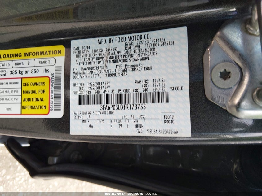 FORD FUSION ENERGI 2015 VIN 3FA6P0SUXFR173755