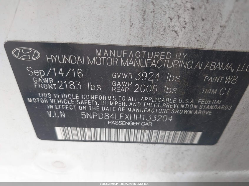 HYUNDAI ELANTRA 2017 VIN 5NPD84LFXHH133204