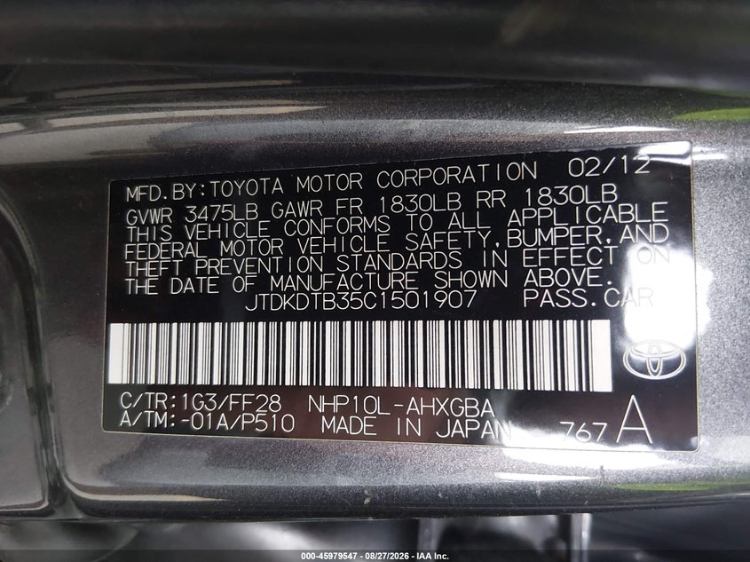 TOYOTA PRIUS C 2012 VIN JTDKDTB35C1501907