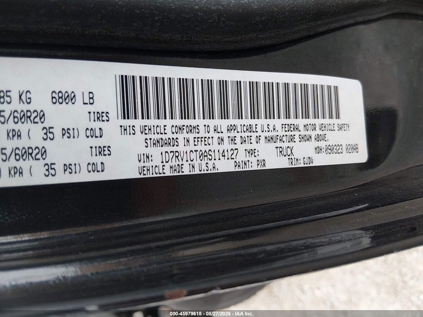 DODGE RAM 1500 2010 VIN 1D7RV1CT0AS114127
