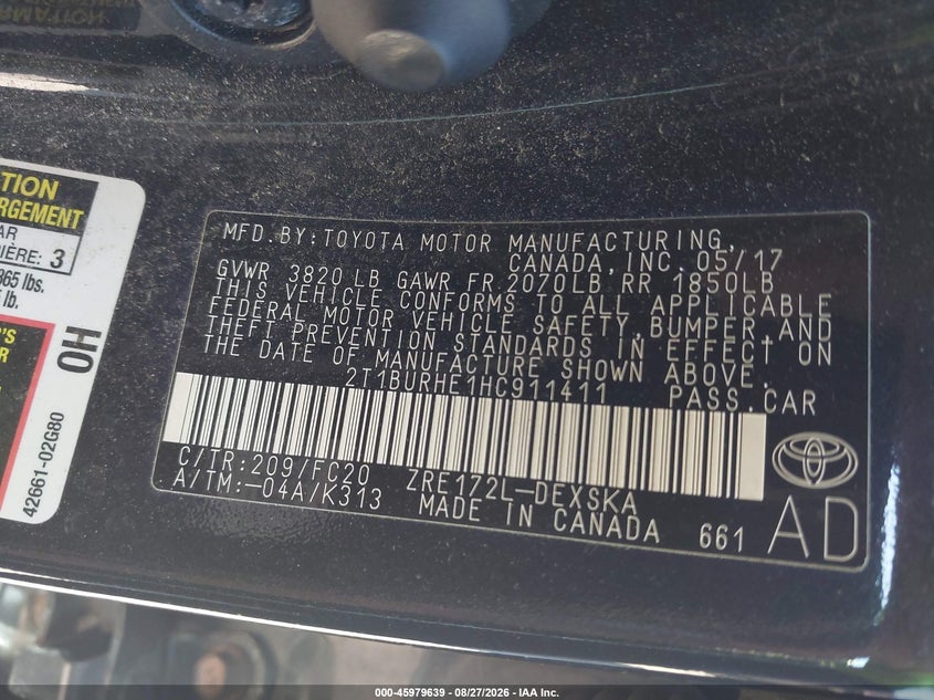 2017 TOYOTA COROLLA SEDAN 1.8L I-4 DOHC, VVT, 132HP