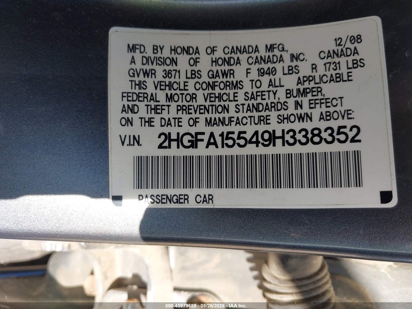 2009 HONDA CIVIC SEDAN 1.8L I-4 VVT, REGULAR , 140HP