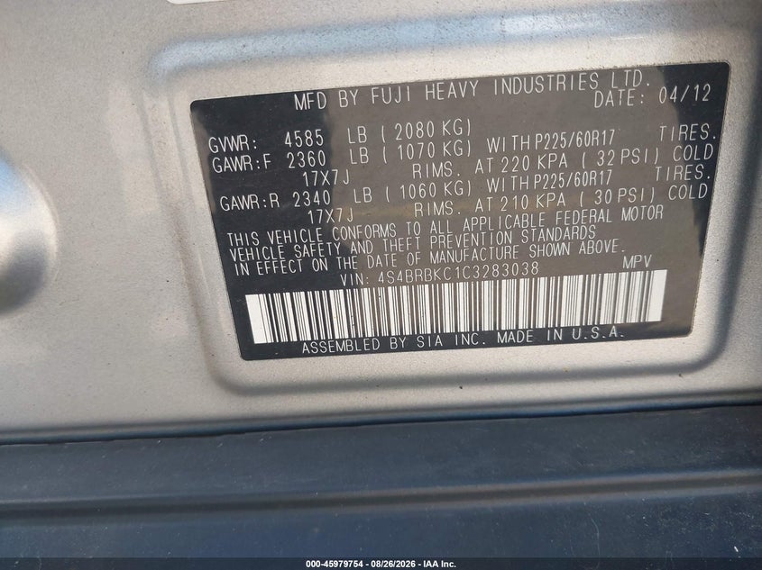 SUBARU OUTBACK 2012 VIN 4S4BRBKC1C3283038