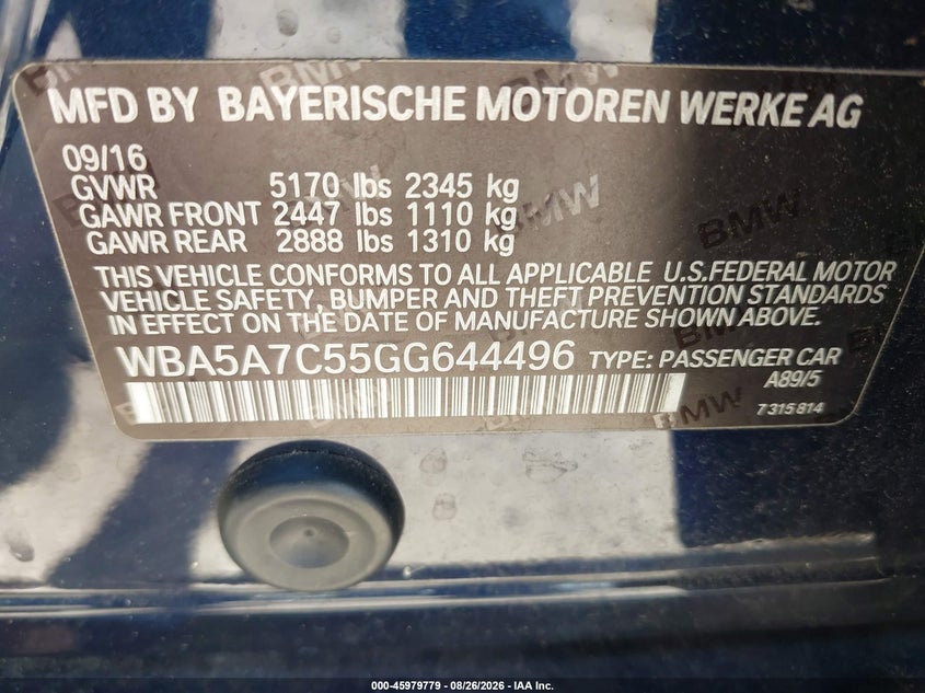 BMW 528I 2016 VIN WBA5A7C55GG644496