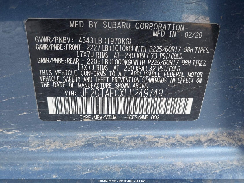 SUBARU CROSSTREK 2020 VIN JF2GTAECXLH249749