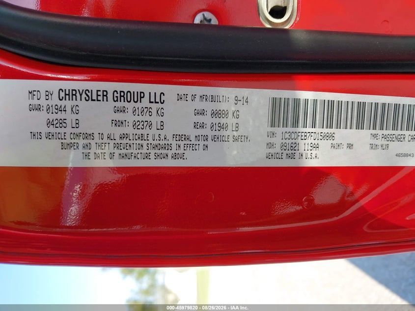 DODGE DART 2015 VIN 1C3CDFEB7FD150806