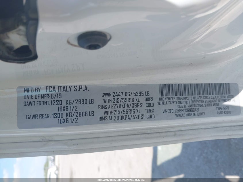 RAM PROMASTER CITY 2019 VIN ZFBHRFBB0K6N80461