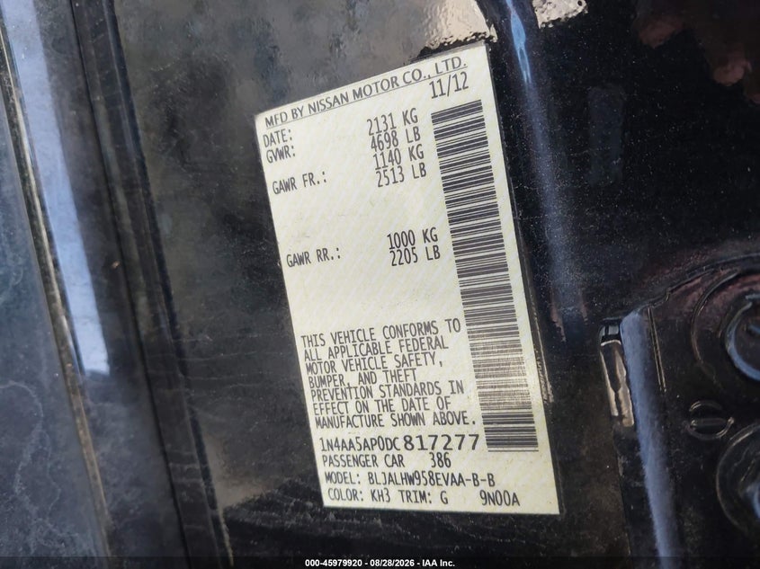 NISSAN MAXIMA 2013 VIN 1N4AA5AP0DC817277