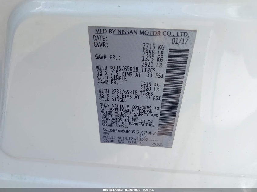NISSAN PATHFINDER 2017 VIN 5N1DR2MMXHC657247