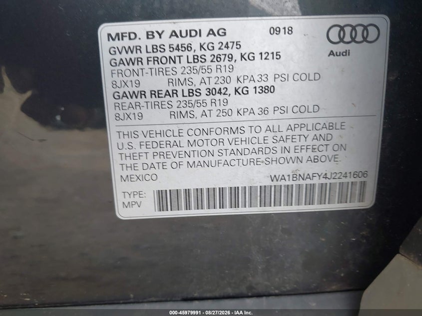 AUDI Q5 2018 VIN WA1BNAFY4J2241606
