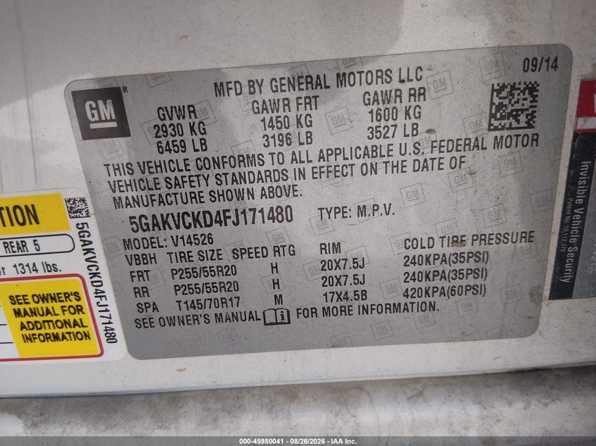 BUICK ENCLAVE 2015 VIN 5GAKVCKD4FJ171480