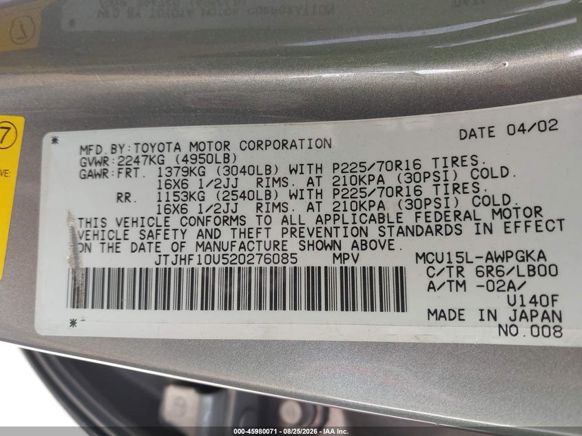LEXUS RX 300 2002 VIN JTJHF10U520276085