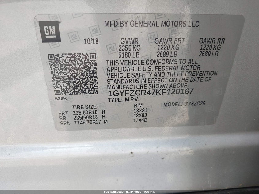 CADILLAC XT4 2019 VIN 1GYFZCR47KF120167