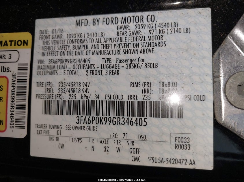 FORD FUSION 2016 VIN 3FA6P0K99GR346405