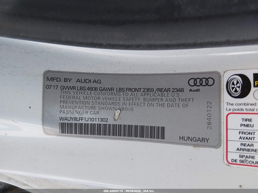 2018 AUDI A3 CABRIO 2.0L I-4 DI, DOHC, VVT, TURBO, 220HP