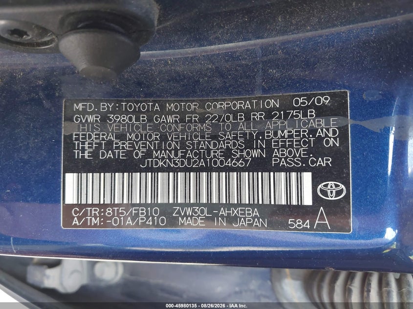 TOYOTA PRIUS 2010 VIN JTDKN3DU2A1004667