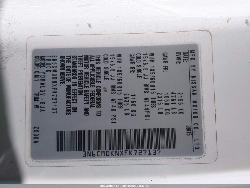 NISSAN NV200 2015 VIN 3N6CM0KNXFK727137