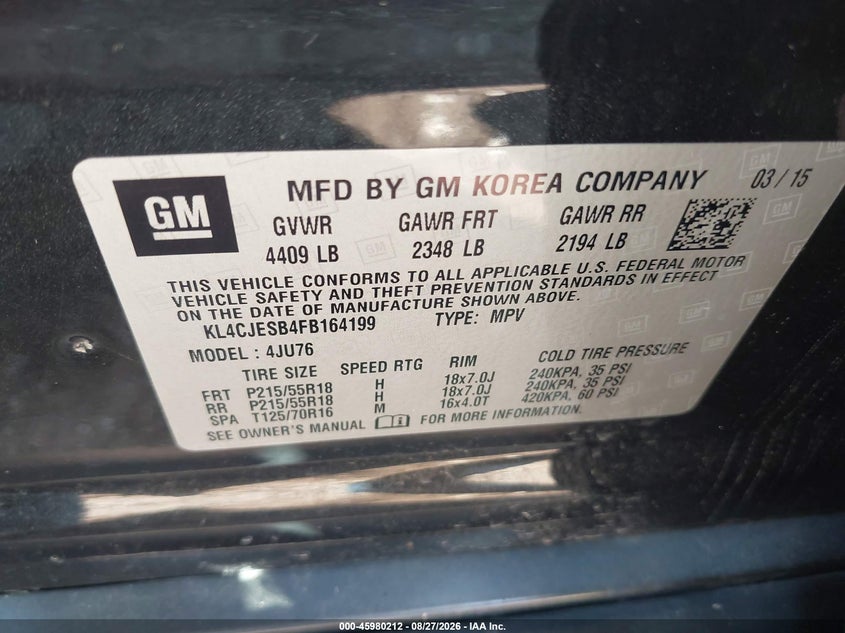 BUICK ENCORE 2015 VIN KL4CJESB4FB164199