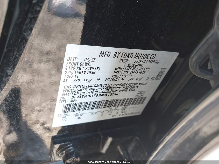 FORD MUSTANG MACH-E 2025 VIN 3FMTK3R70SMA10290
