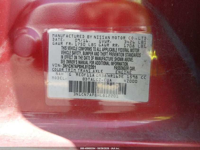 2017 NISSAN VERSA SEDAN 1.6L I-4 DOHC, VVT, 109HP