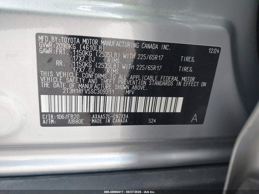 TOYOTA RAV4 2025 VIN 2T3H1RFV5SC309311