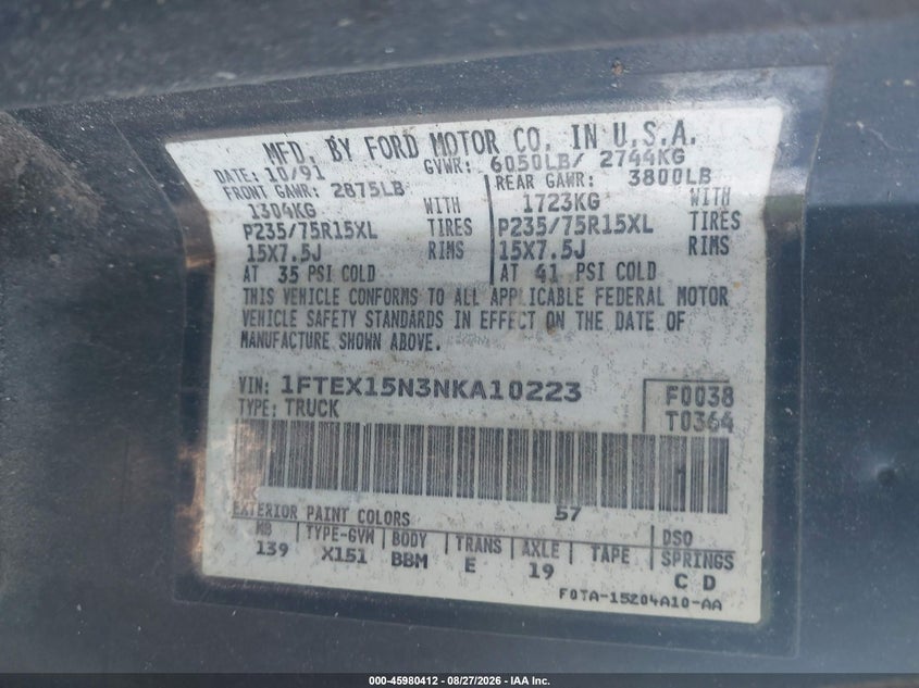 FORD F150 1992 VIN 1FTEX15N3NKA10223