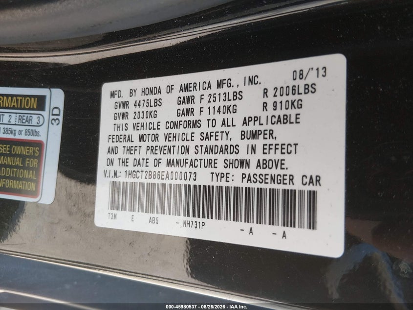 HONDA ACCORD 2014 VIN 1HGCT2B86EA000073